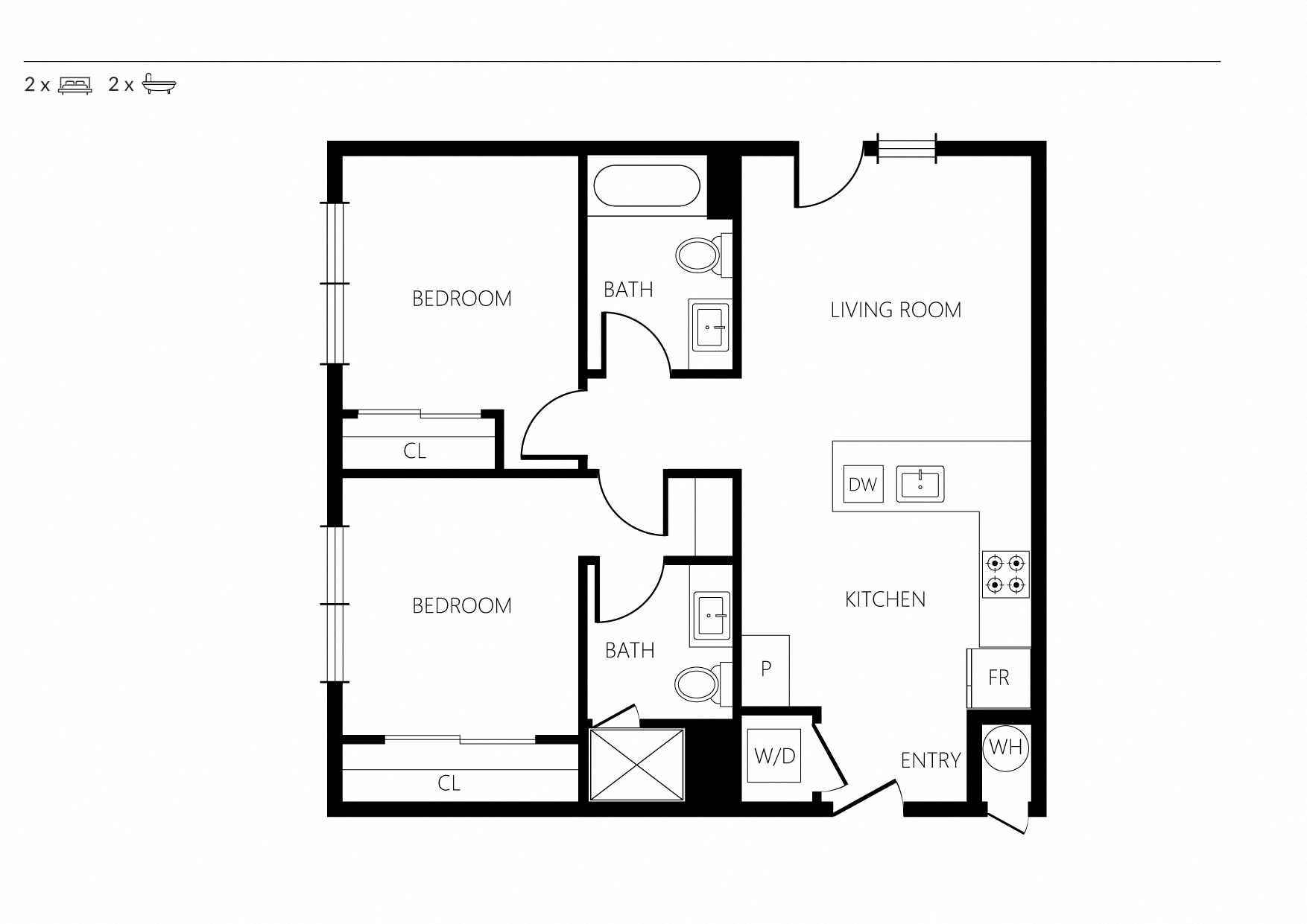 Floor plan for 2 beds, 2 baths, 840 sqft